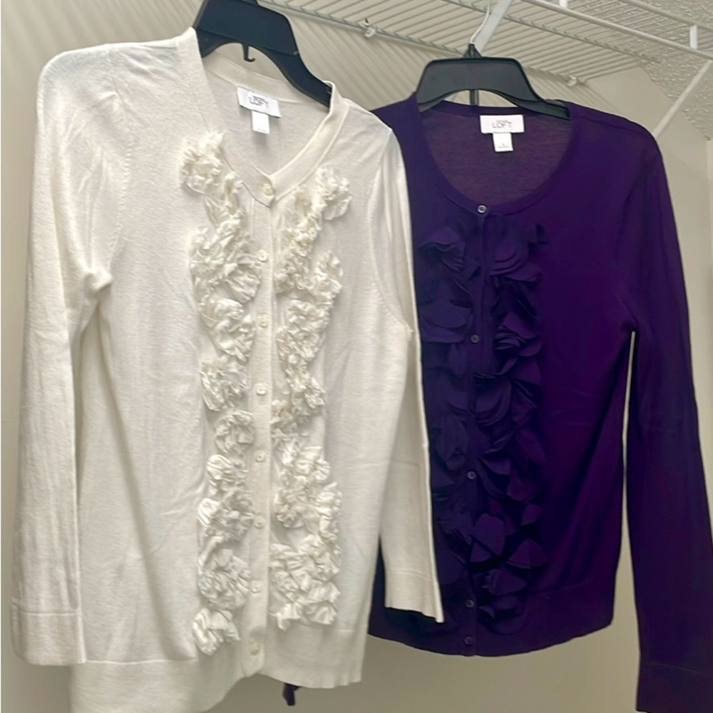 2 bundle LOFT Purple Knit Cardigan and cream cardigan with Floral Details